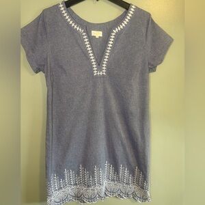 Mud Pie Blue Chambray White Embroidered Short sleeve shift dress size large
